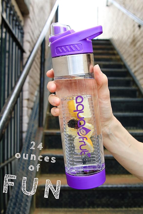 NEW AquaFrut Bottom Loading Fruit Infuser Water Bottle - BPA Free Tritan Plastic - Leak Proof - 24 OZ - Infusion Recipe eBook (Black)