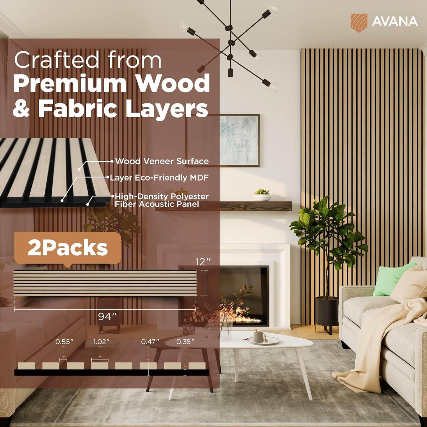 Avana Acoustic Wood Wall Panels – 94.4 x 12.6 Inch White Oak Acoustic Panels 2 PCs – Wall Panels For Interior Wall Decor for Homes, Offices, Studios – Pleasing Design Wood Panels For Wall
