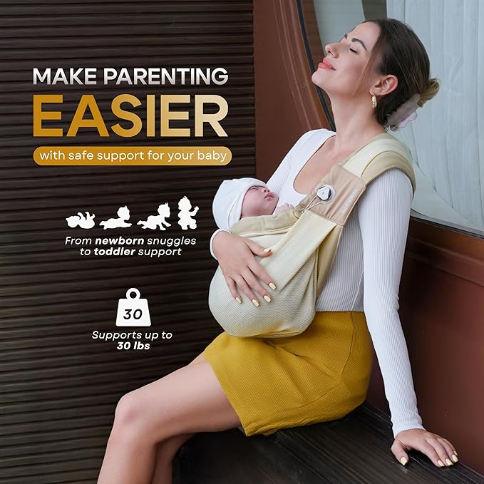 Baby Sling Carrier 8-30 lbs, Newborn Nursing, Toddler Carrier with Safety Buckle, Knob Tech Baby Closer, Adjustable Shoulder Strap, Portable and Lightweight (Beige)