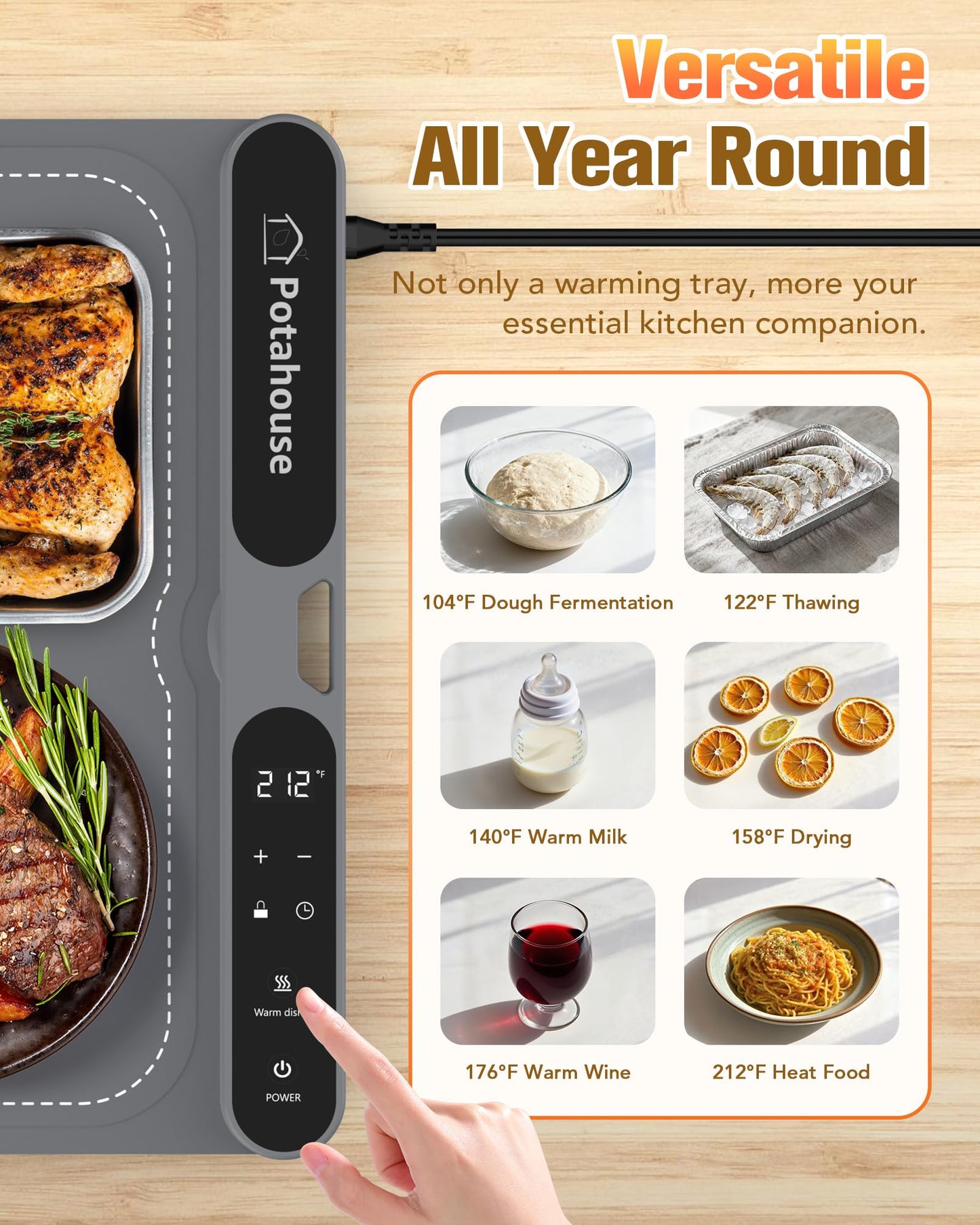 Potahouse Food Warming Mat, 5s Fast Heating,Electric Warming Tray with 7 Temp 8 Timer Settings,Rollable & Portable Food Warmer for Parties,Buffet,Home and Travel Use