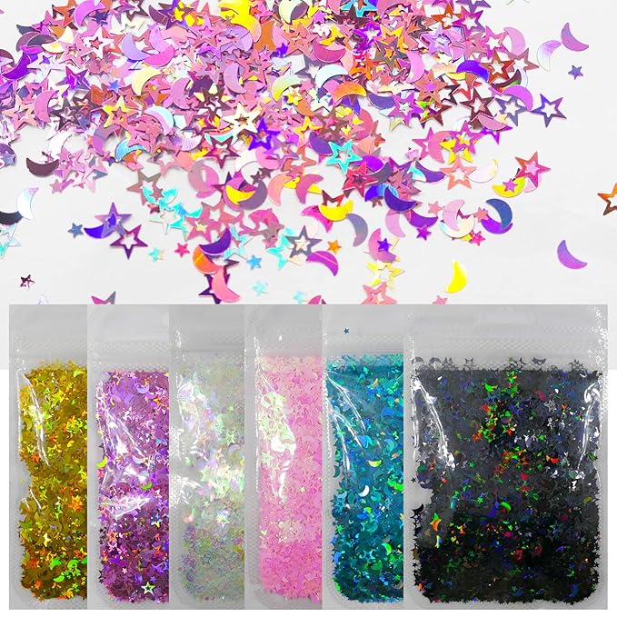 LoveOurHome 6 Colors Star Moon Chunky Glitter Flakes Resin Epoxy Accessories Holographic Black Blue Stars Glitters Confett...