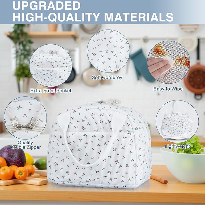 Lunch Bag - Insulated Lunch Box for Women, Reusable Large Capacity Cooler Bag for Adult, Small Leakproof Cute Corduroy Lunch Tote for Work Office Travel Picnic (Corduroy Cherry)