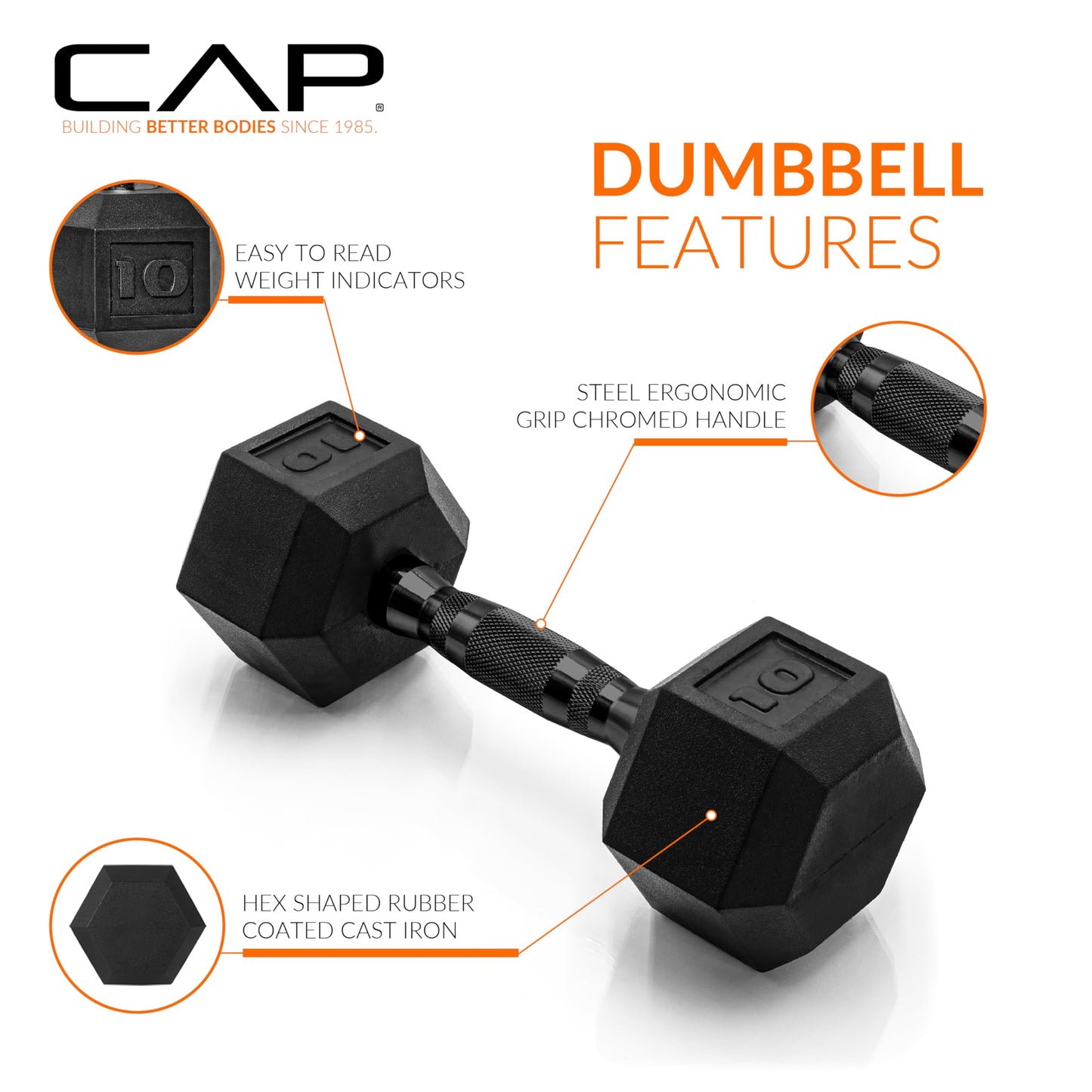 CAP Barbell 10 LB Rubber Coated Hex Dumbbell Hand Weight - Single | Black Handle