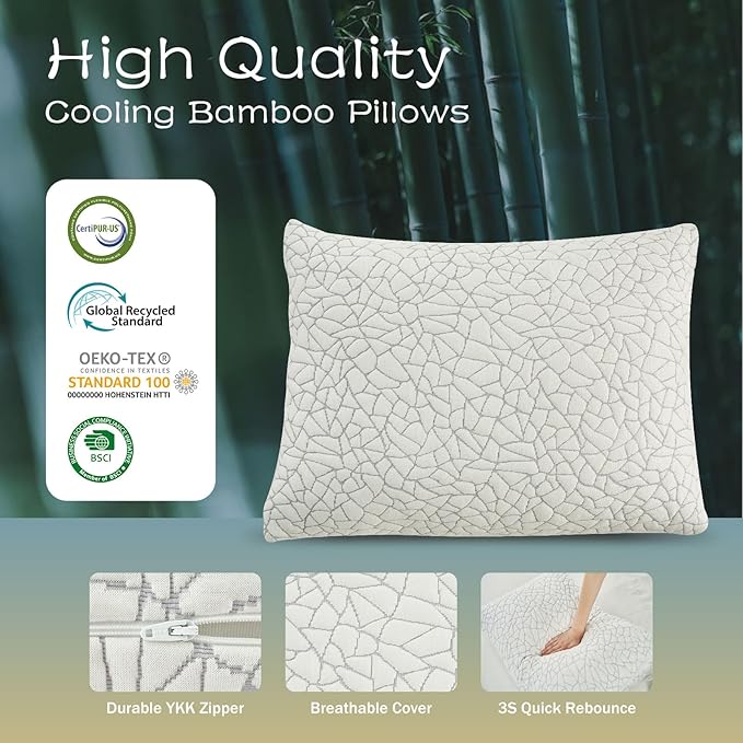 Shredded Memory Foam Pillow for Sleeping, Cooling Full Body Pillows for Adults, Adjustable Soft and Firm Pillows or Side, Back, Stomach Sleepers with Washable Removable Bed Pillow Cover