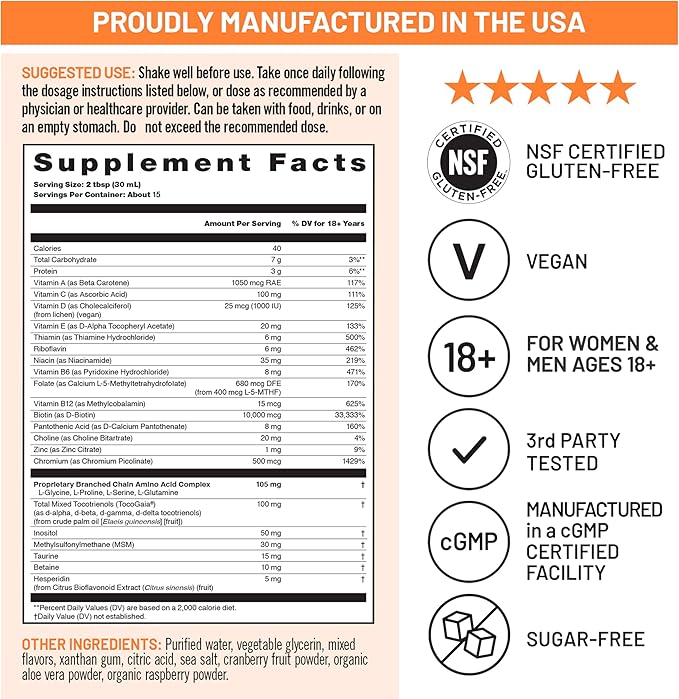 NatureWise Liquid Multivitamin Hair Growth for Women & Men + Clinically Proven Tocogaia®, Biotin, Vitamin D, E, B - Sugar Free Multivitamin for Hair Growth & Skin Elasticity - 15 fl oz[15 Servings]