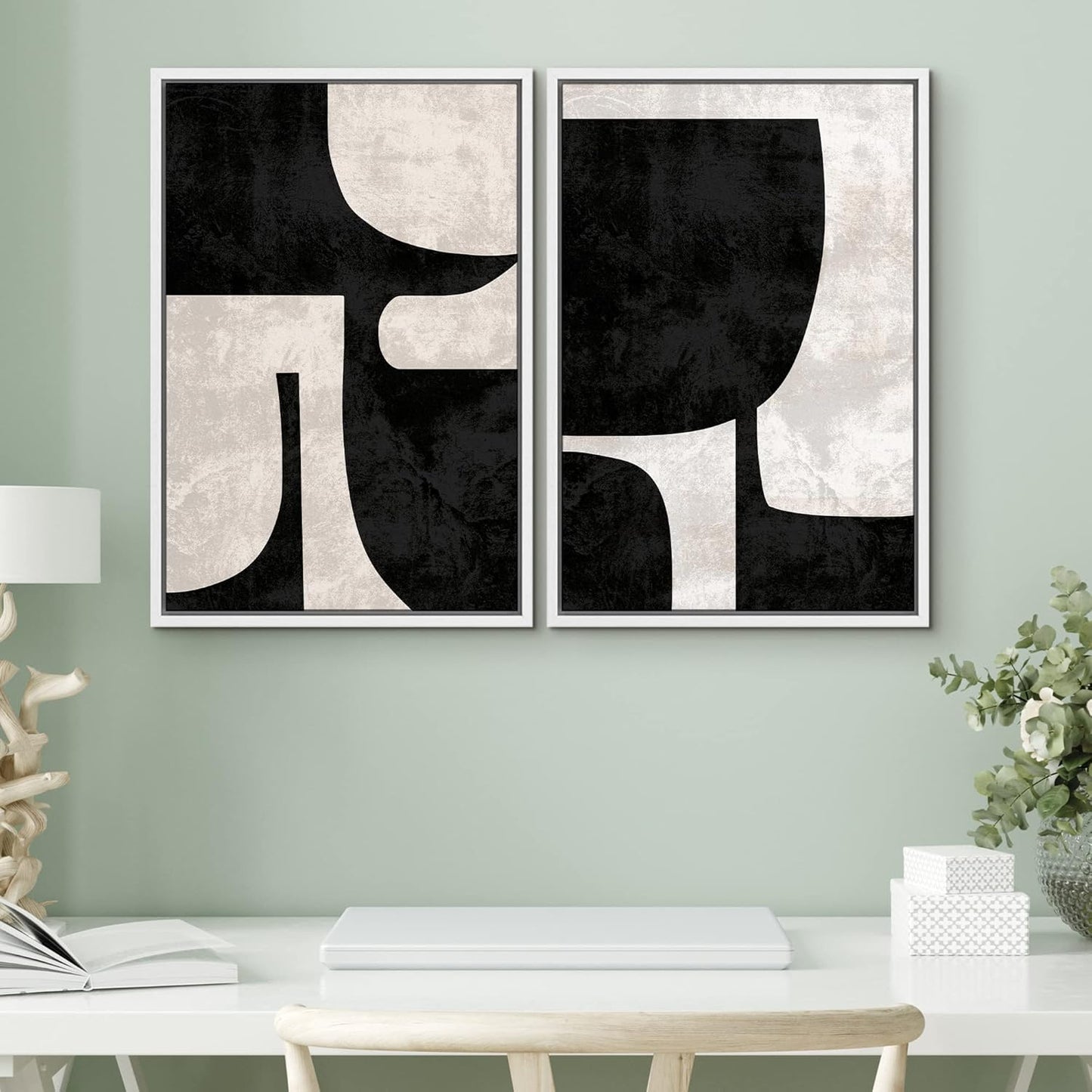 SIGNWIN Framed Canvas Print Wall Art Set Mid-Century Black Polygon Variety Abstract Shapes Illustrations Modern Art Decorative Contemporary for Living Room, Bedroom, Office - 16"x24"x2 White