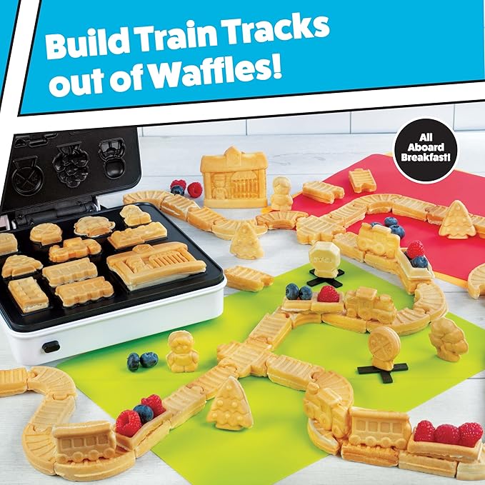 Train Set Waffle Maker – Build Track & Cargo Car Shaped Mini Waffles – Electric Non-Stick Plates, Dishwasher-Safe Removable Inserts for Kids Xmas Breakfast, Pancakes, Snacks, Family Fun Gift & Play!