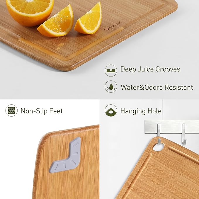 Lightweight Durable Bamboo Cutting Board Set with Non-Slip Feet, Wood Cutting Board for Busy Kitchen, Easy Clean Wooden Chopping Boards with Juice Groove Best House Warming Gift Set of 3 (S+M+L)