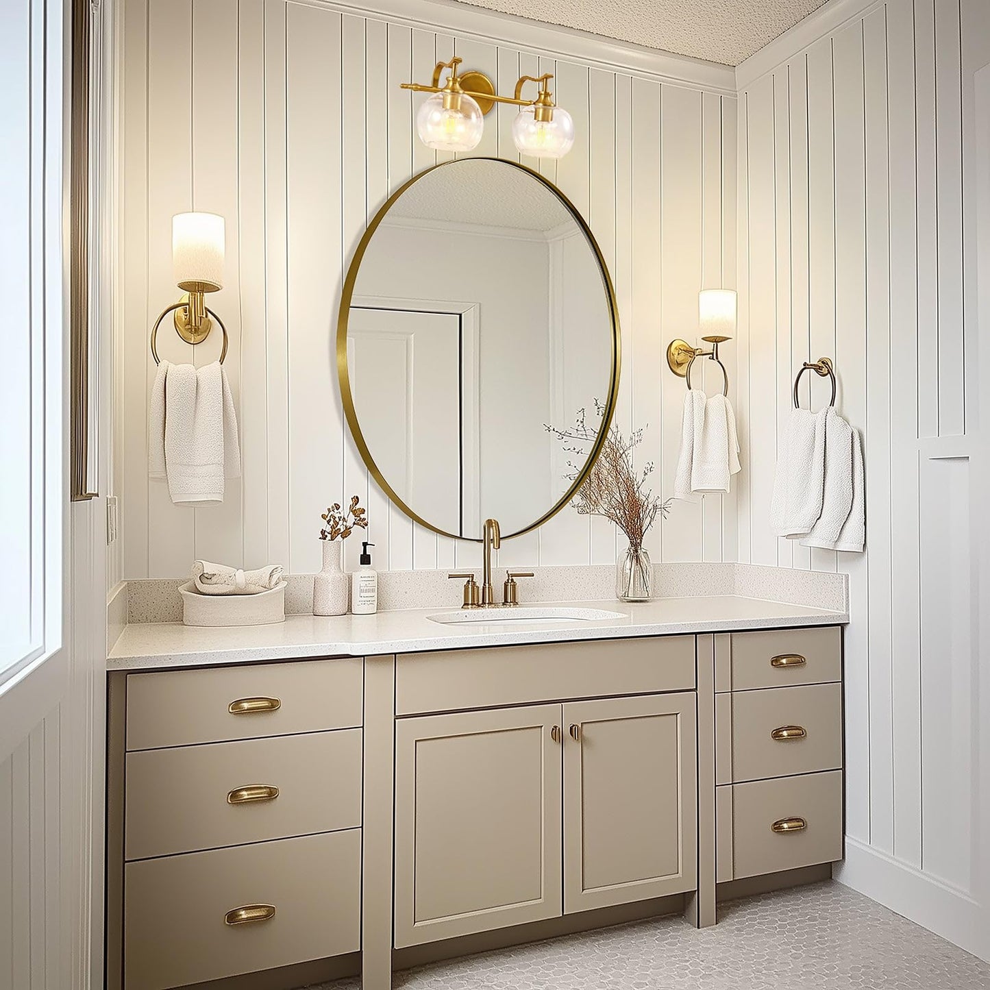 Andy Star 2 Light Bathroom Vanity Light  Brushed Gold Bathroom Light Fixtures  Wall Lighting With Clear Globe Glass Shades  Brass Wall Sconce For Living Room  Bedroom  Hallway