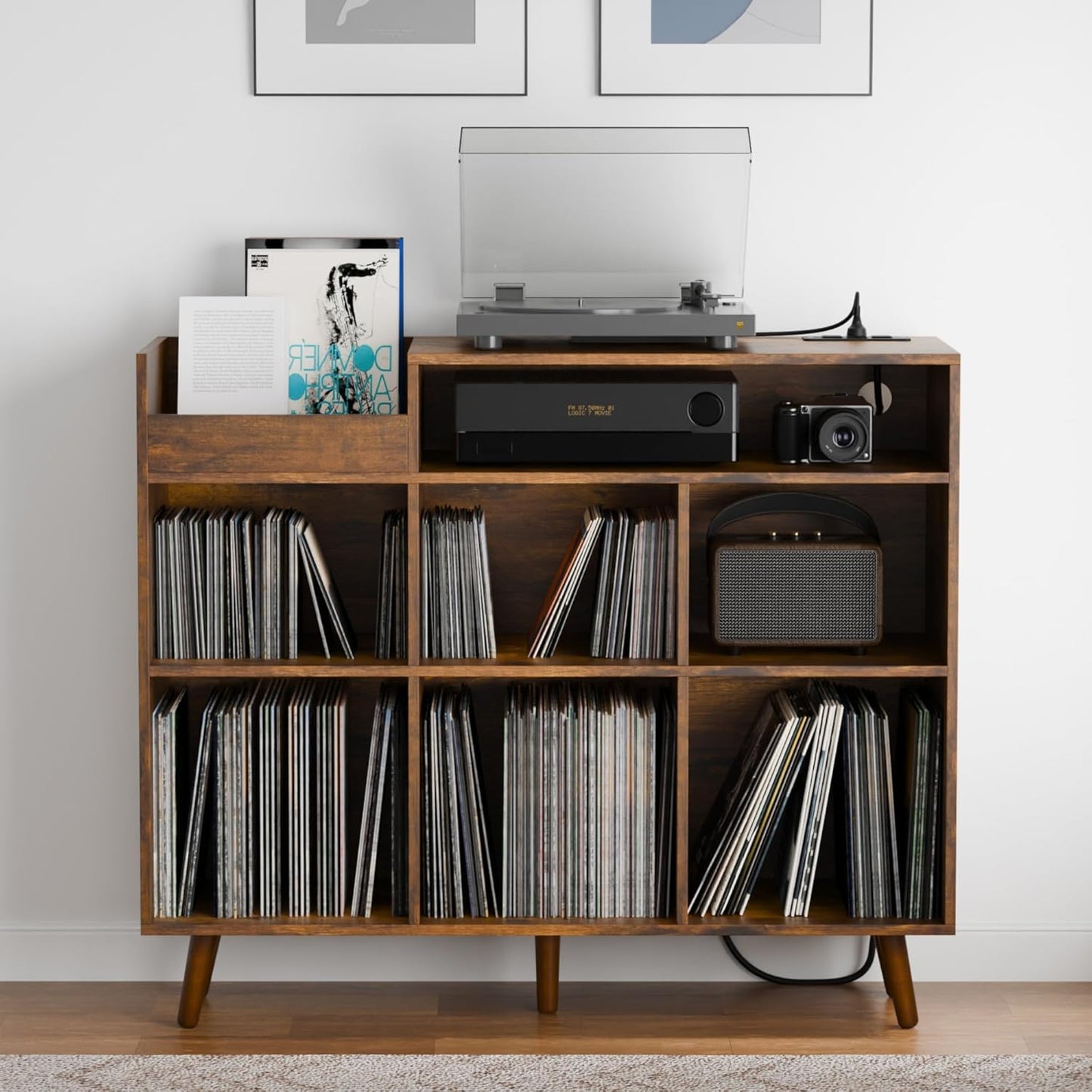 Cozy Castle Large Record Player Stand, Vinyl Storage Cabinet Mid Century Modern Turntable Stand Media Console Table Open Shelf Cube CD Album Holder Organizer for Living Room, Office, Rustic Brown