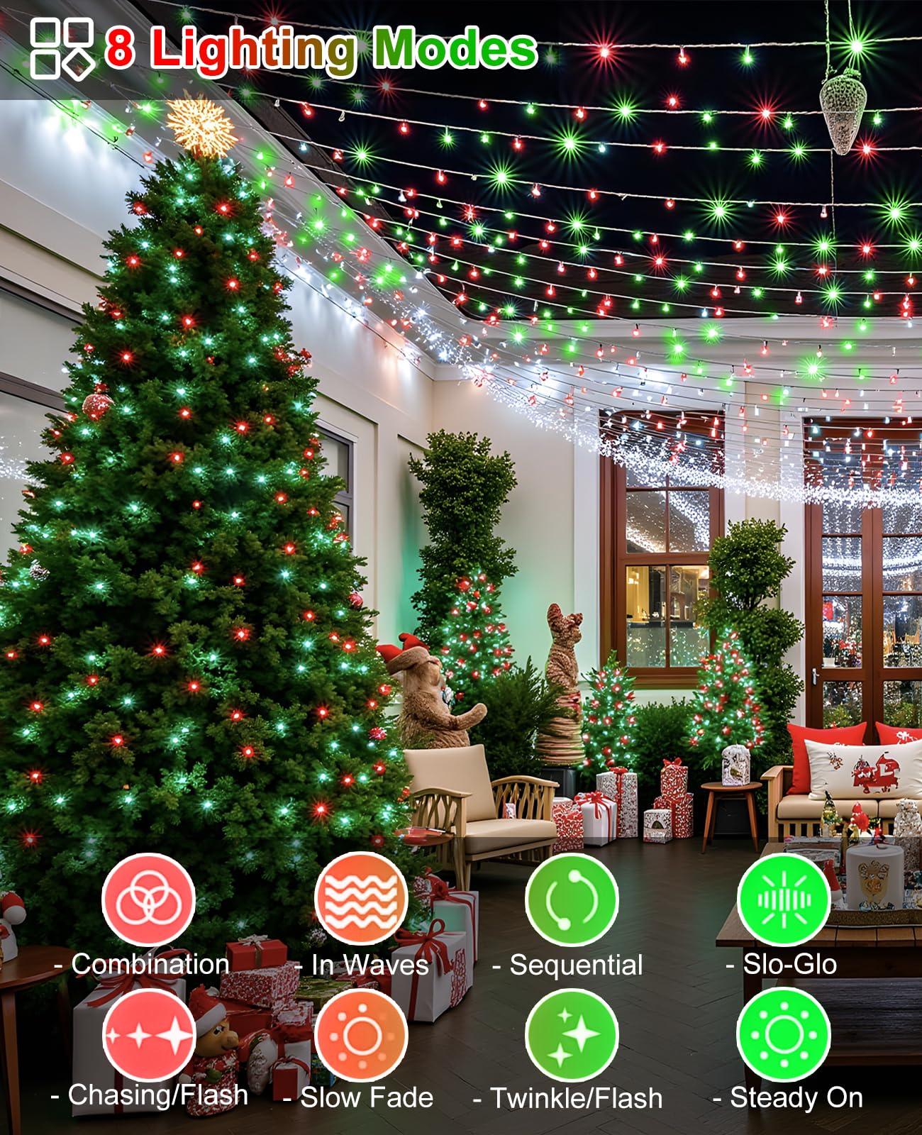 157Ft 480 Led Christmas Lights Outdoor  Plug In Christmas Tree Lights Waterproof  8 Modes Green Wire Twinkle String Light For Indoor Room House Patio Tree Holiday Decorations  Red Green