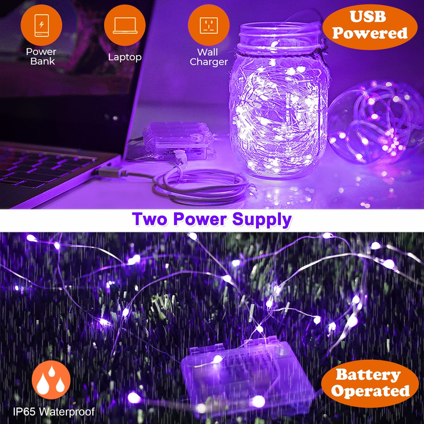 Omika 2 Pack Battery Operated Uv Blacklight Led String Lights 16.4Ft, 8 Modes, Purple, Flexible With Remote For Halloween Décor
