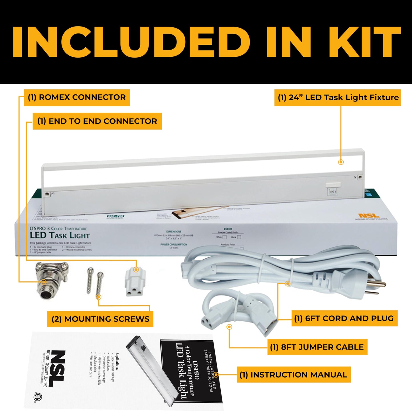NSL LED Under Cabinet Lighting, Dimmable, 3 Color Temperatures, 24 Inch, White Finish, Model LTSPRO-24-WH