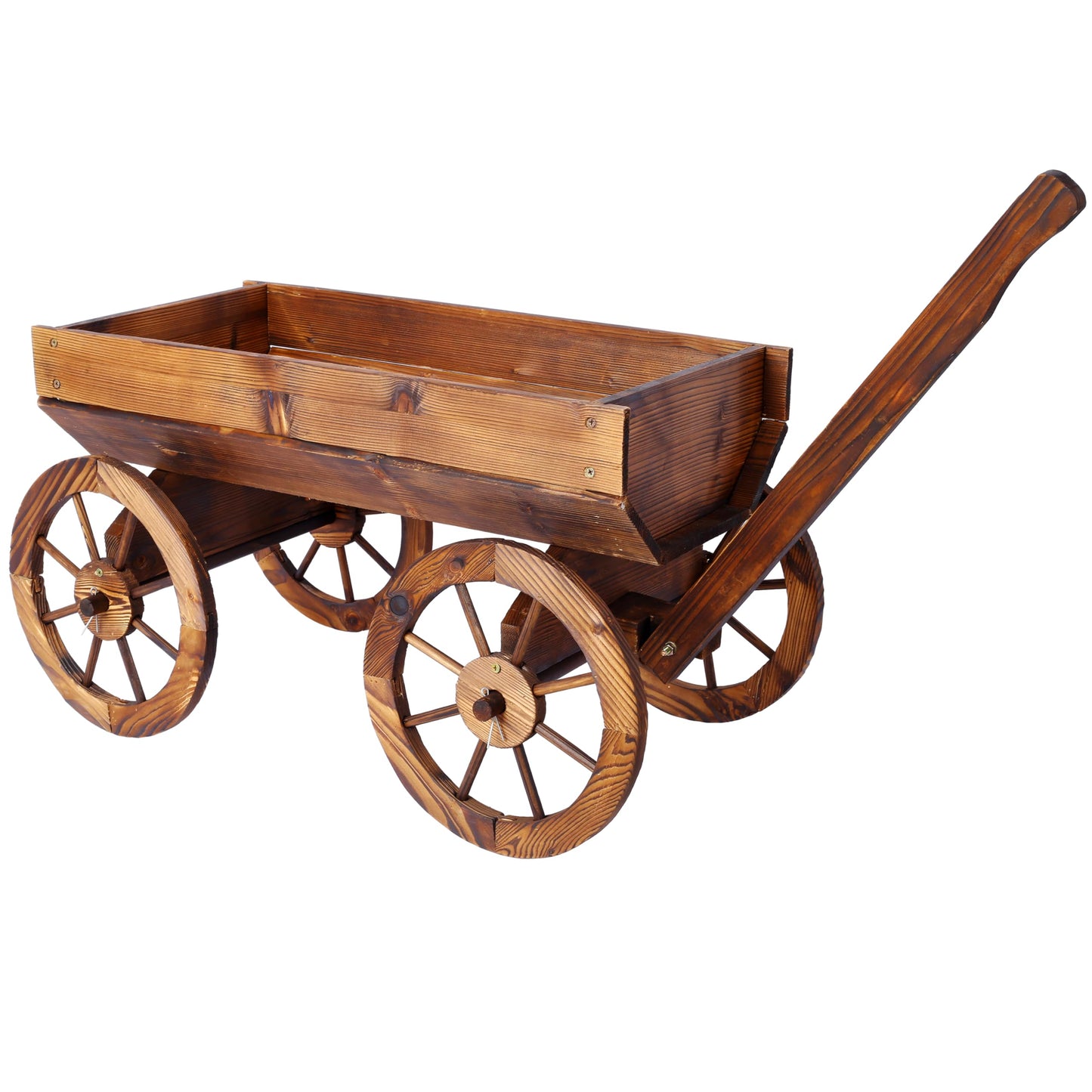 AYUYK Wood Wagon Planter with Wheels, Large Rustic Outdoor Garden Decor – Solid Fir Wood Wheelbarrow Planter for Patio, Balcony, Backyard, Heavy Duty Wooden Flower Cart with Handle