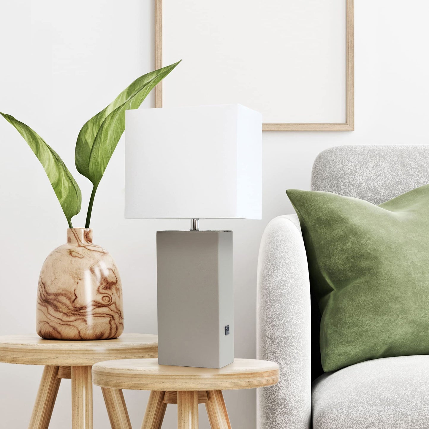 LALIA HOME Lexington 21in Leather Base Bedside Table Lamp with USB Port, Gray, Model LHT-3012, Modern Home Décor for Living Room, Bedroom, Office
