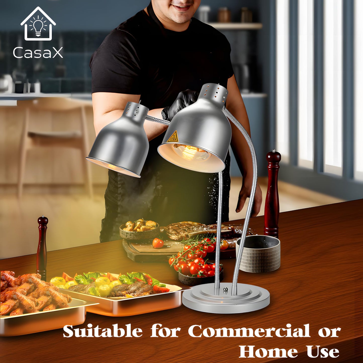 Food Heat Lamp,550W Commercial Food Warmer Lamp,Adjustable Food Warming Light with 4 Bulbs,2 Head Catering Heating Lamp for Kitchen Cafeteria Restaurant Buffet Parties (Silver)