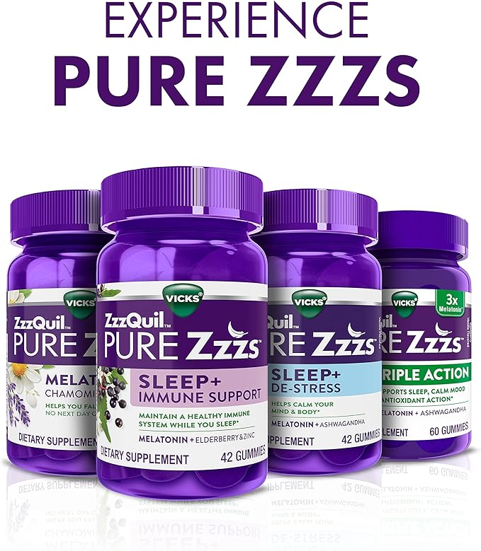 ZzzQuil PURE Zzzs Triple Action, Melatonin Gummies, Melatonin 6mg, 3X Melatonin, Sleep Aid with Ashwagandha, Calm Mood, Antioxidant Action, Sleep Aids for Adults, 60 Sleep Gummies