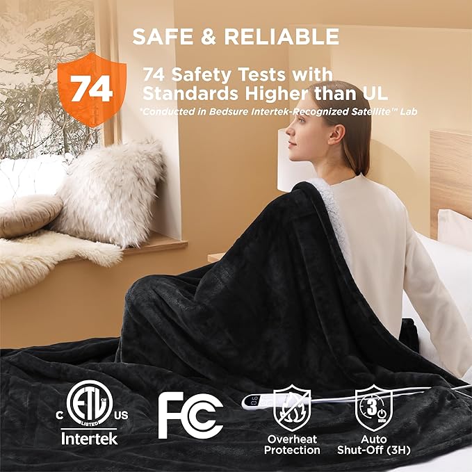 Bedsure Electric Blanket Full Size - Soft Flannel Heated Blanket, Fast Heating with 10 Time Settings & 6 Heat Settings, Warm Gift for Grandma (72x84 inches, Black)