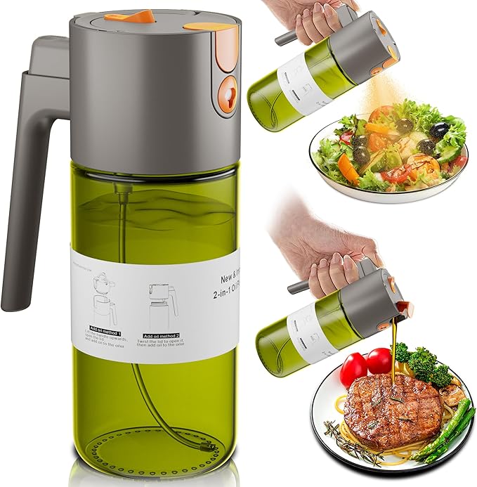 Upgrade 2 in 1 Oil Sprayer for Cooking, Olive Oil Dispenser Bottle for Kitchen Gadgets with Stickers, 17oz/500ml Food Grade Light-Blocking Glass Spray Bottle for Salad, Air Fryer, BBQ