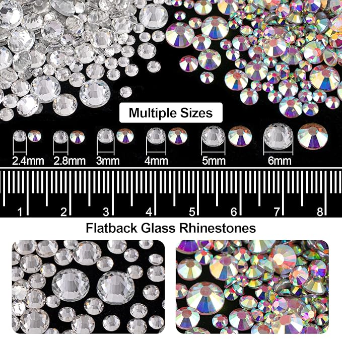 4000PCS Flatback Rhinestones and Half Round Pearls Kit #7, Multi Size Glass Clear & AB Crystals, Plastic Flat Back Blue Mermaid Dome Bead with Pickup Pencil and Tweezer for Nail Art