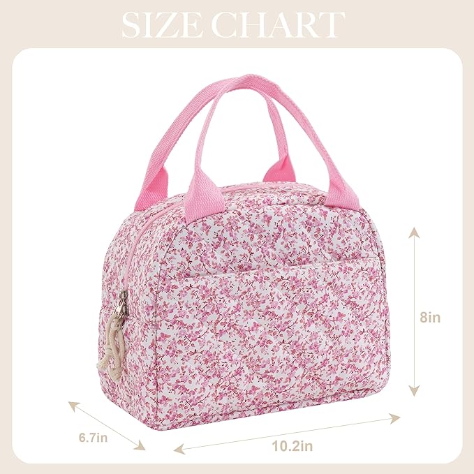Lunch Bag for Women Insulated Lunch Box Reusable Cooler Bag Portable Cute Floral Quilted Cotton Bag Leakproof Tote Bags for Travel, Work, and Picnic, Blush Bloom