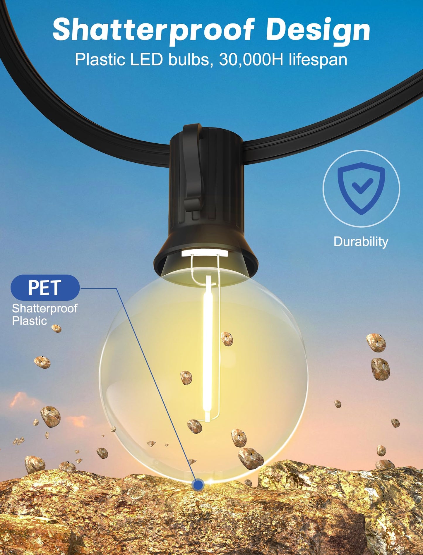 Sunsgne 25Ft Globe Led Outdoor String Lights - Waterproof Shatterproof Black Wire, Warm White Plastic Bulbs For Café Bistro Pergola Tents