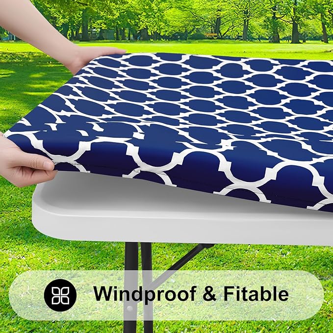 Smiry Rectangle Picnic Table Cover, Waterproof Elastic Fitted Camping Tablecloths for 4 Foot Tables, Wipeable Flannel Backed Vinyl Tablecloth Protector for Indoor, Outdoor (Navy, 30x48 Inches)
