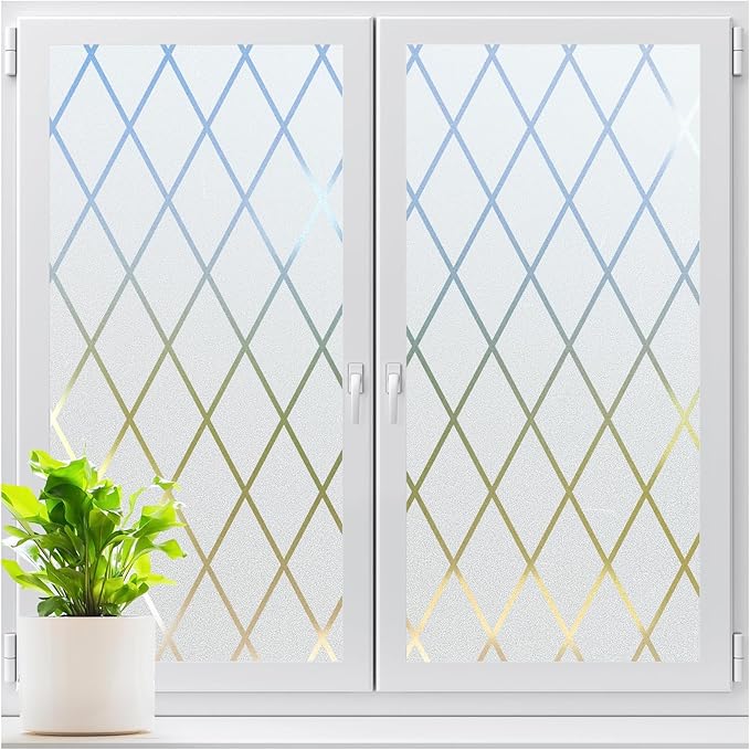 LUTE Frosted Window Privacy Film, Static Cling UV Sun Blocking Heat Control Window Cover, Removable Non-Adhesive Glass Sticker Vinyl Decorative Frosting Decals for Home Office, Lattice, 23.6" x 78.7"
