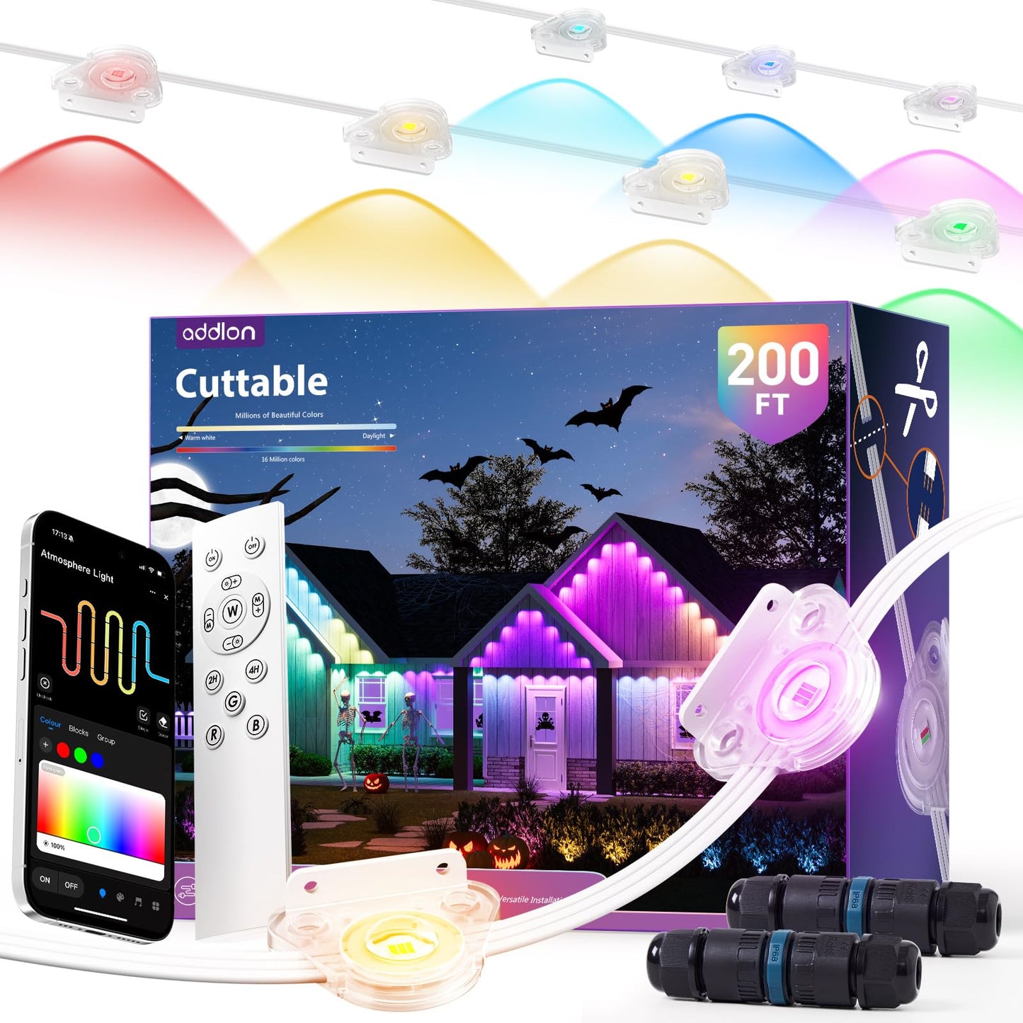 addlon 200FT Smart RGB LED Outdoor Lights, IP67 Waterproof, Cuttable & Extendable, White, Model USET-200FT100LED-B-243C+P3
