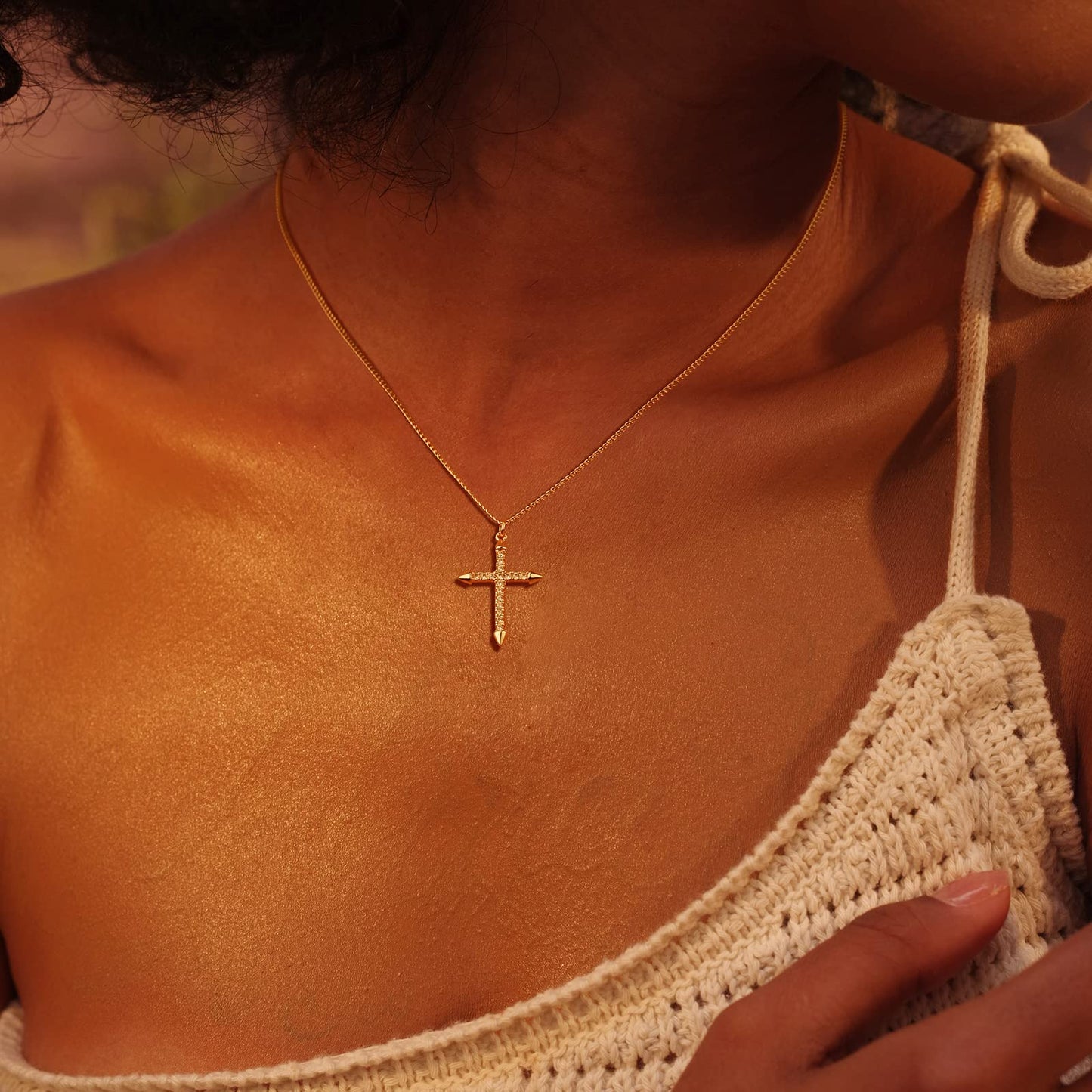 14K Gold Plated Cross Necklace, Cross Faith Arrow Pendant Dainty Chain Simple Tiny Zircon Jewelry Gift for Women