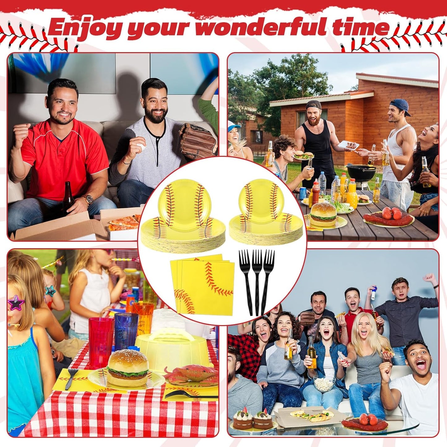 Zhehao 192 Pcs Softball Paper Plates and Napkins Set Softball Party Supplies Decorations 7 Inch 9 Inch Disposable Paper Plates Napkins and Forks for Sport Themed Birthday Party Favors Serves 48