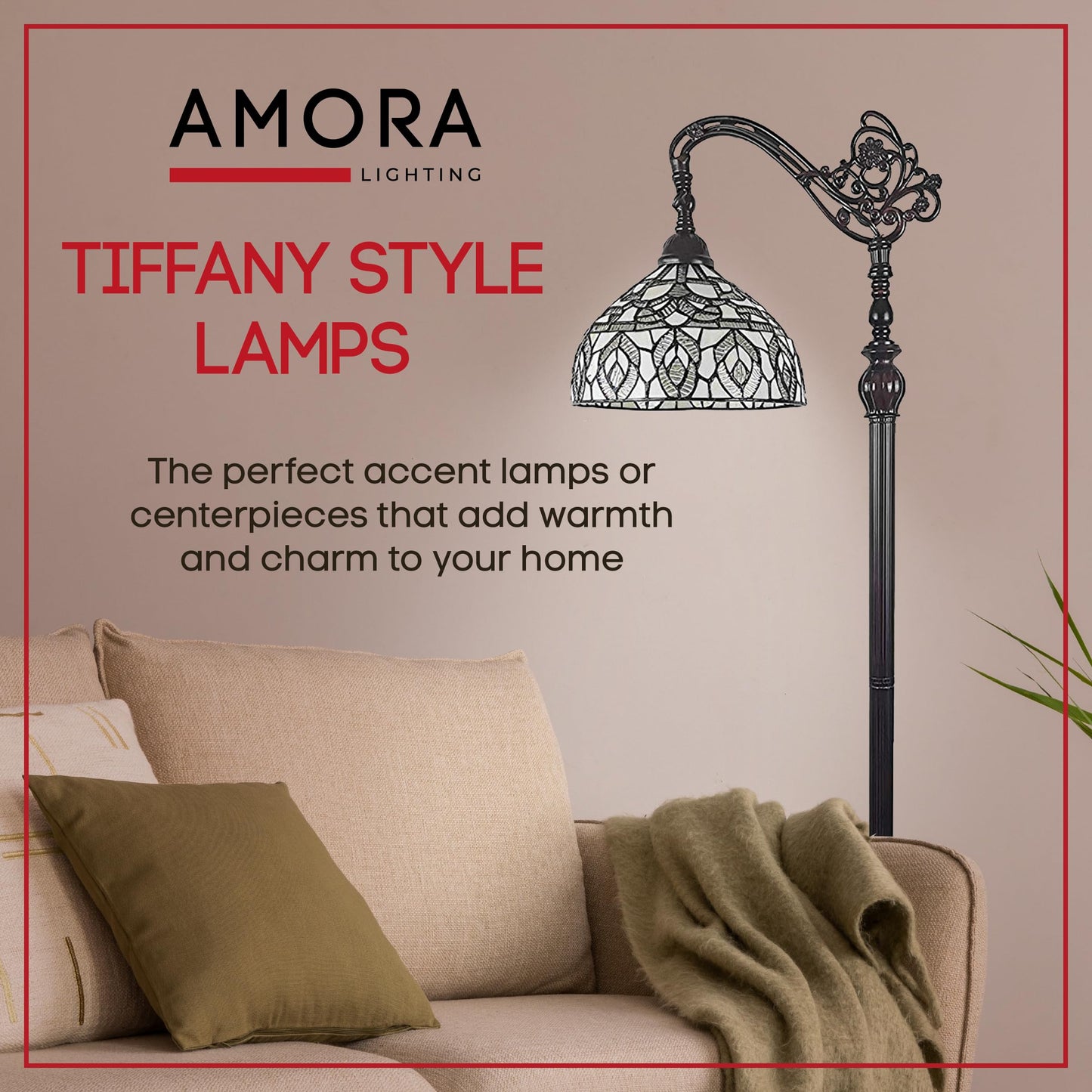 Amora Tiffany Floor Lamp - Arched  Stained Glass 62  With Foot Switch Operation And Adjustable Lamp Shade - Custom Handcrafted Floor Lamps For Living Room In White Mahogany Traditional Peacock
