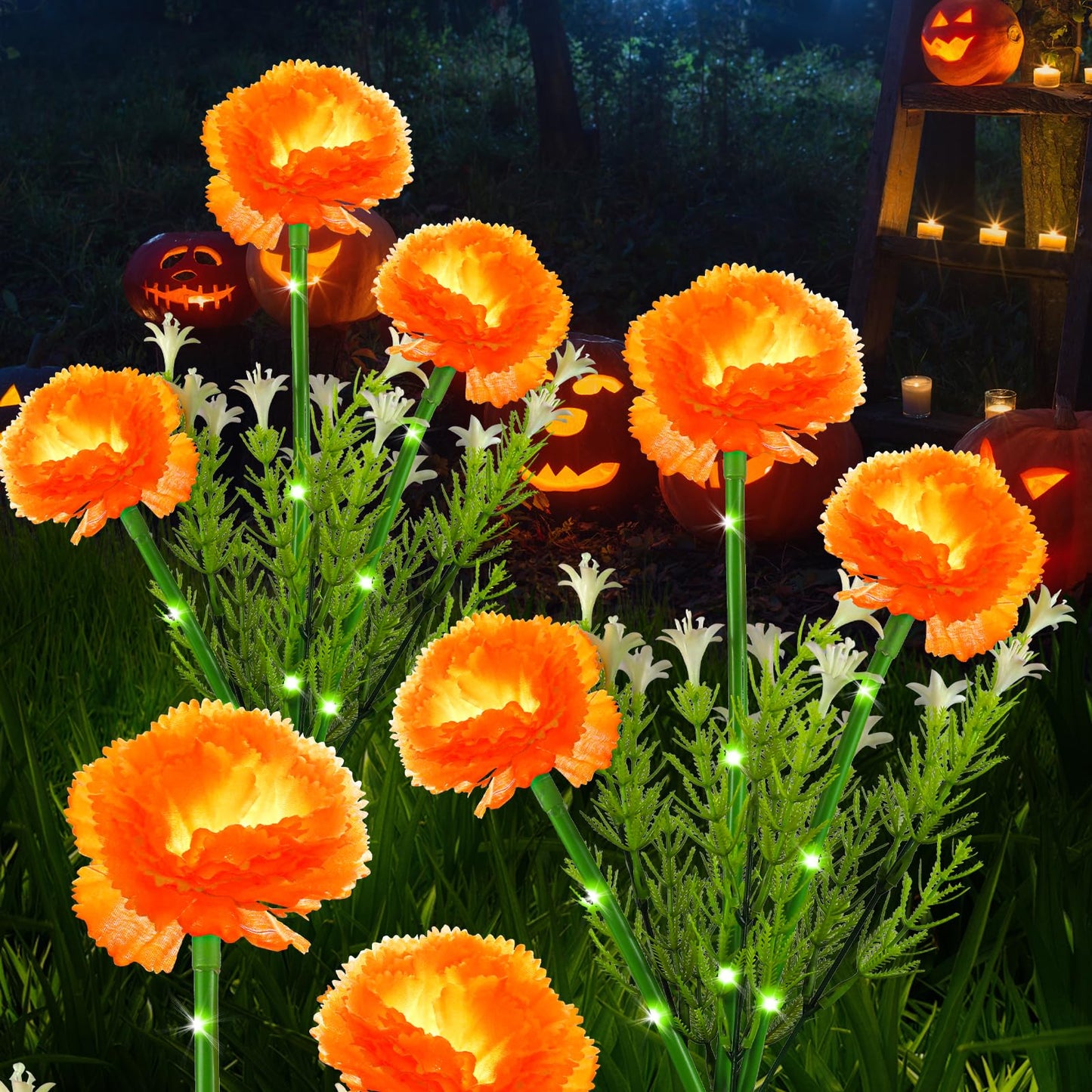 X-GiftKey Halloween Decorations Solar Marigold Garden Lights Outdoor,2PACKS Artificial Marigold Flowers for Halloween Party Gift