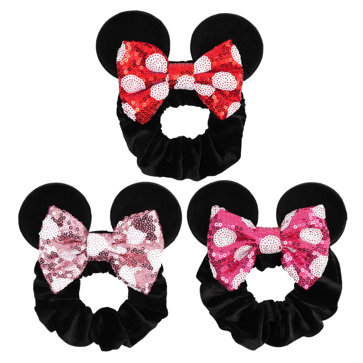 zhezesmila 3 Pack Velvet Mouse Ears Scrunchies with Bow for Women Girls Elastic Hair Ties for Pony Tail Party Costume - Cute Hai