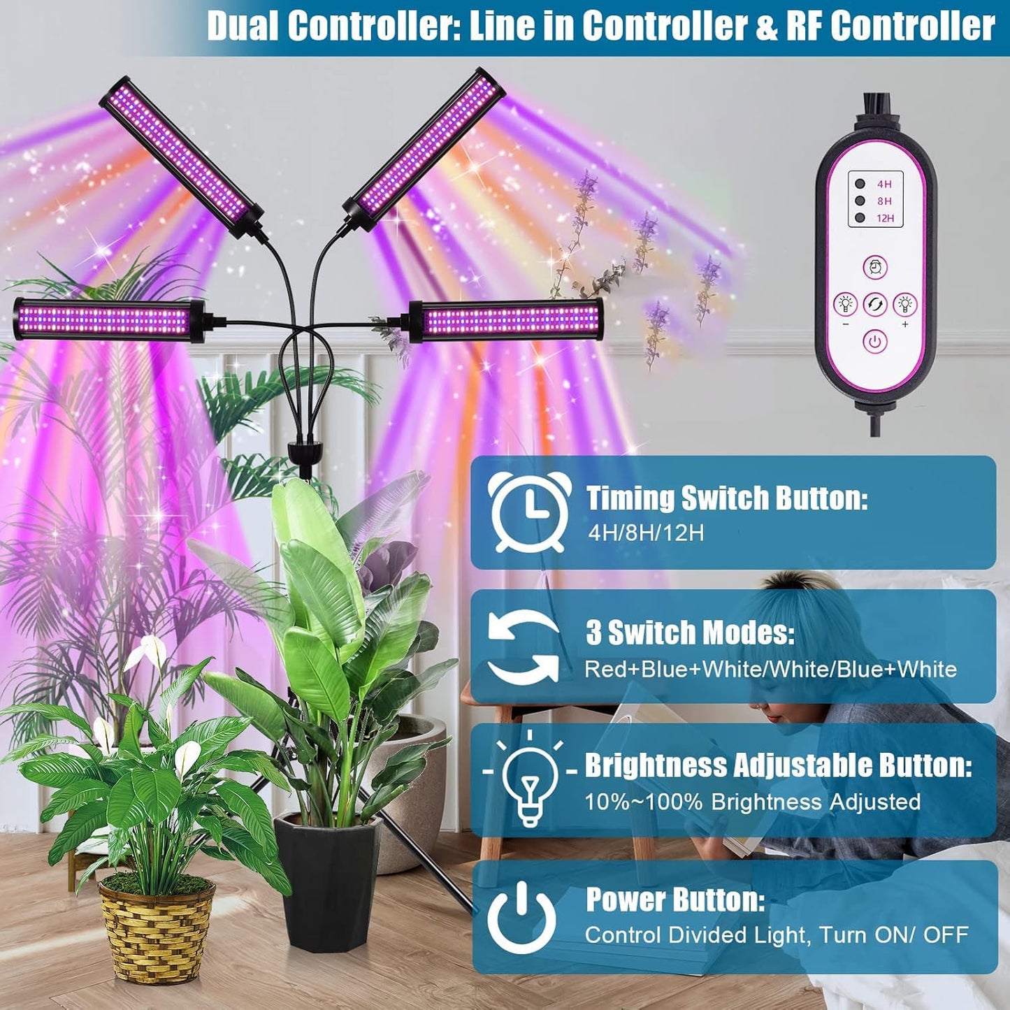 ANDOHAI LED Grow Lights for Indoor Plants, 4 Heads Full Spectrum, Adjustable Tripod 15-63 inches, Mixed Spectrum, Model GL-2