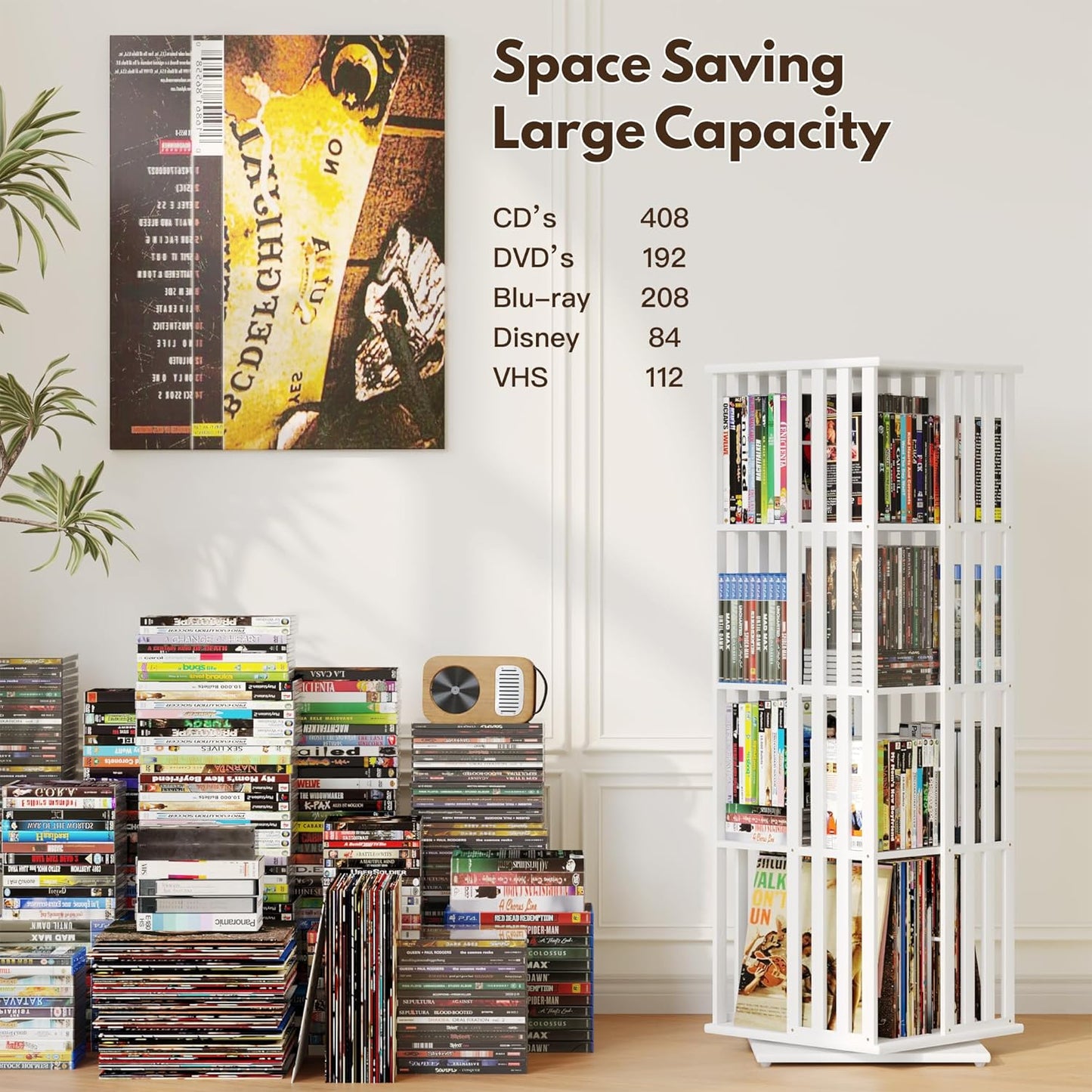 XIMN 360° Rotating Bamboo CD/DVD Shelf - 6-Tier Space-Saving Media Storage Cabinet for Movies, Organizer with Super Compact Design (White, 4 Tier)