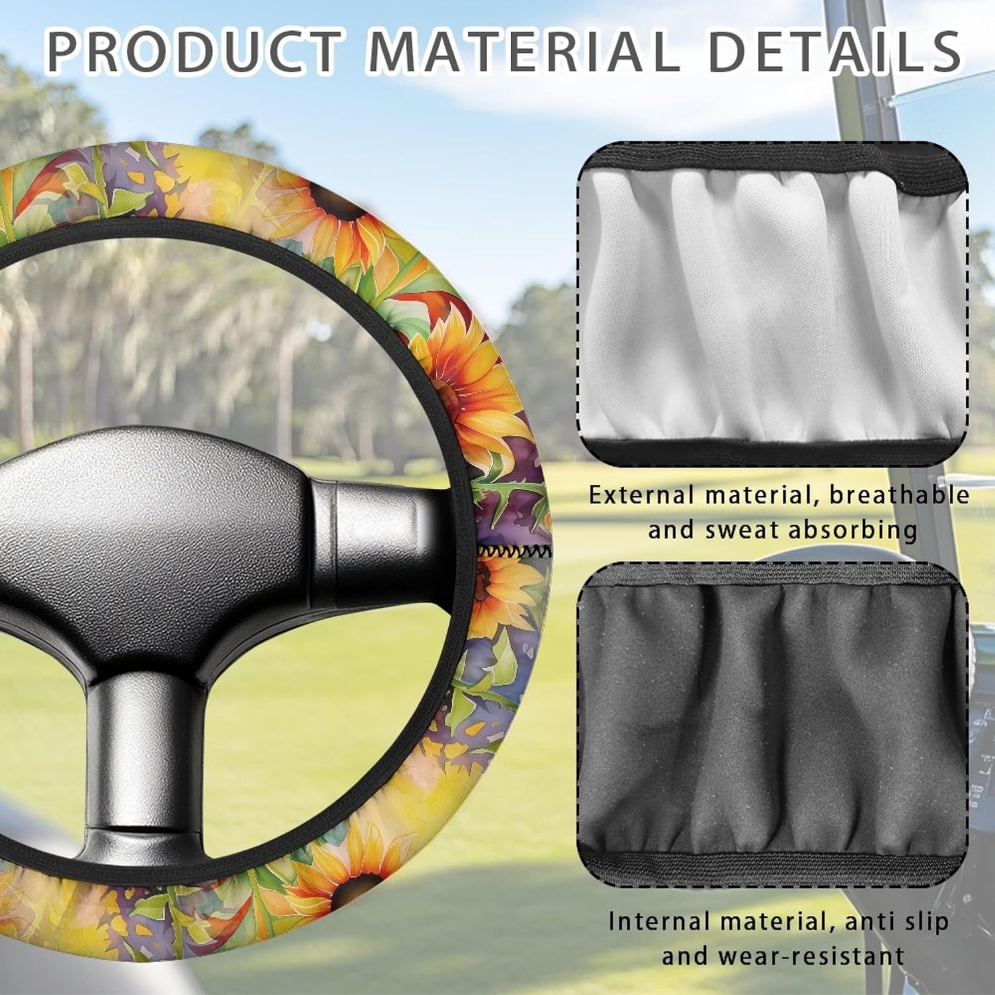 Sunflower Golf Cart Steering Wheel Cover Vintage 13 Inch Steering Wheel Covers Sun Shade Cover Comfortable Vehicle Accessories Decor
