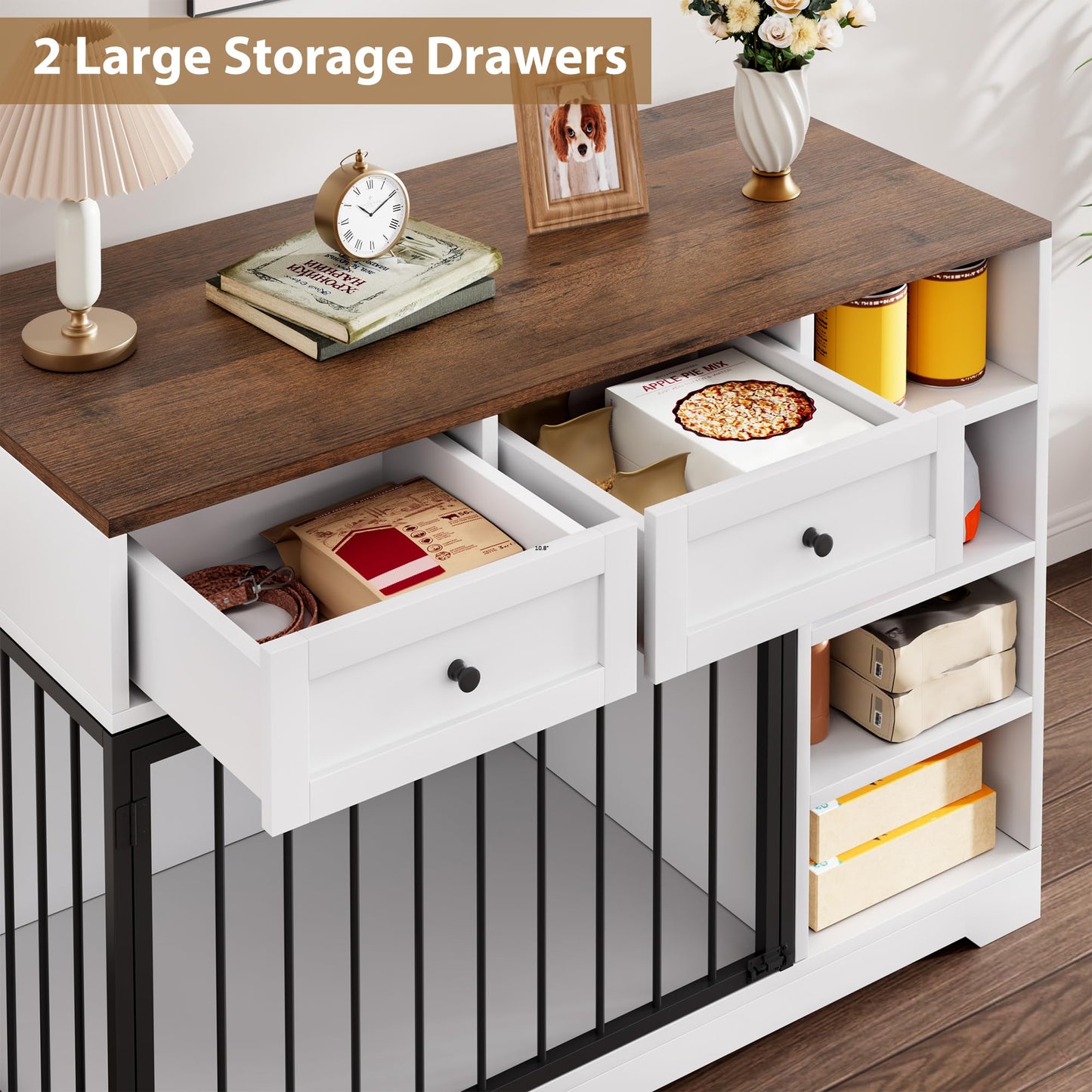 GarveeHome Dog Crate Furniture 47", Large Dog Crate TV Stand with 2 Drawers and 4 Shelves, Wooden Dog Kennel Indoor, Decorative Dog Cage with Storage for Large Dogs, White