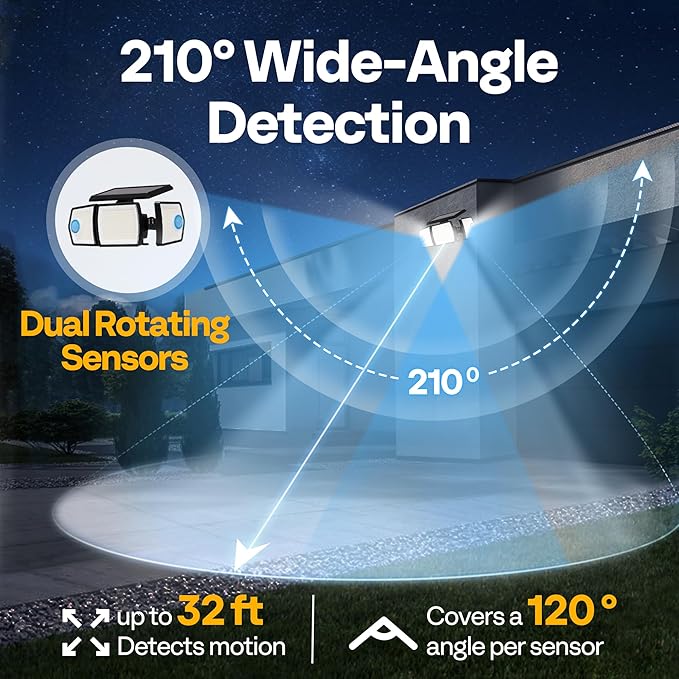 VIVOHOME Linkable Solar Lights Outdoor, Dual Roating Motion Sensor Flood Lights Solar Powered Security Light with 3 Heads, 2500LM, IP65 Waterproof for Outside, Yard, Garage, Wall, Patio, 2 Pack