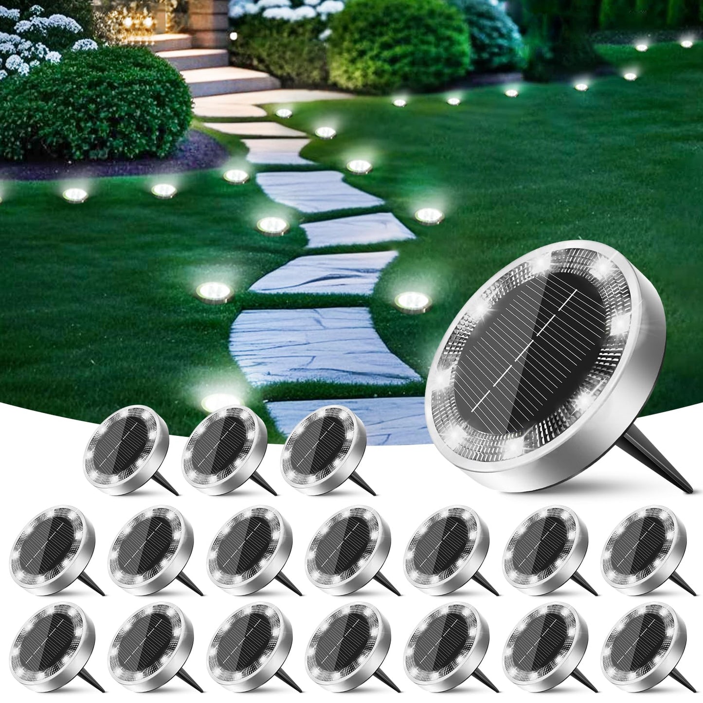 Peasur Solar Ground Lights, 18 Pack Flat Disc, IP68 Waterproof, Cool White, Landscape Lighting for Garden, Model PEASUR-SGL18