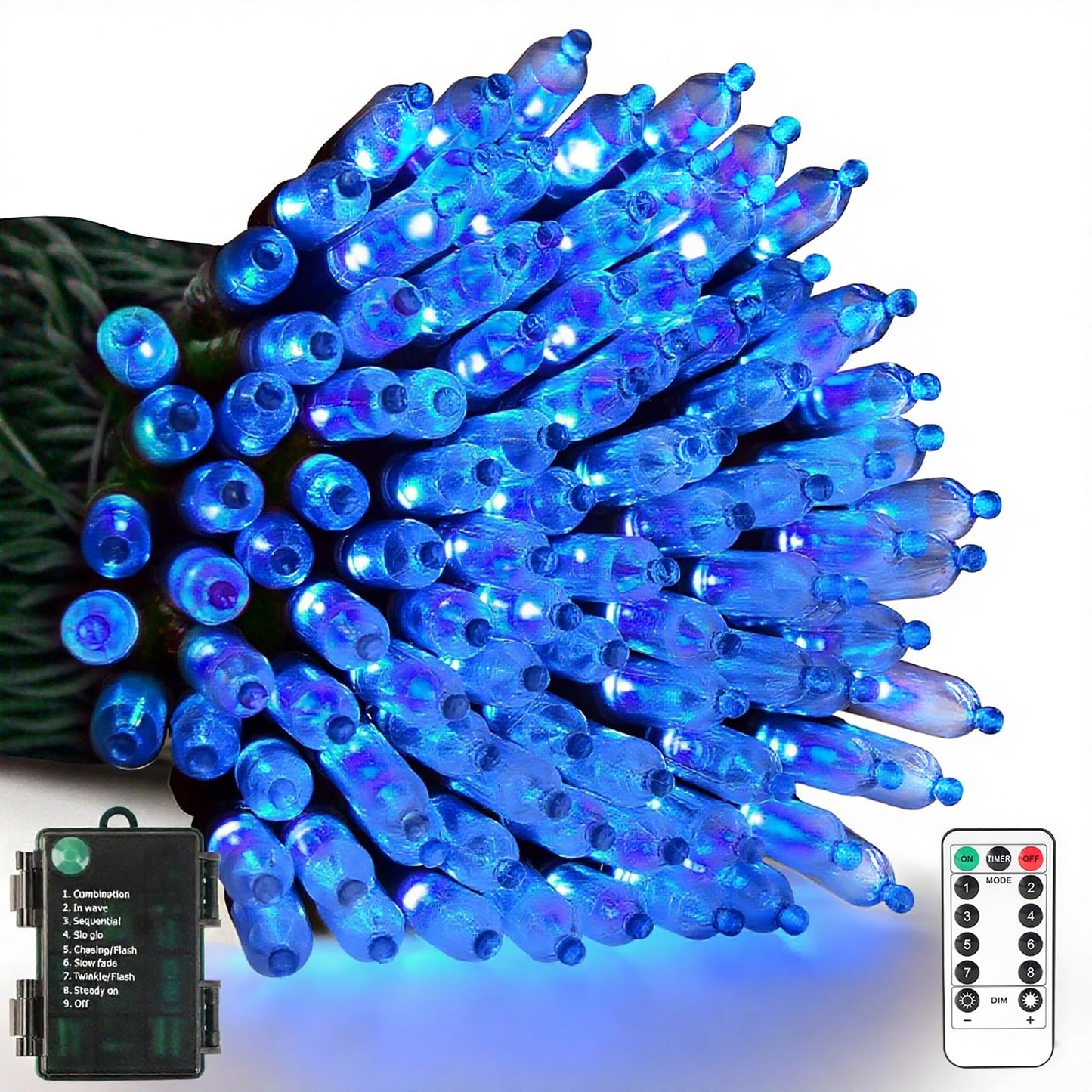 VTECHOLOGY 33Ft 100LED Blue Battery Operated String Lights, 8 Modes, Indoor/Outdoor, Model QL300IE