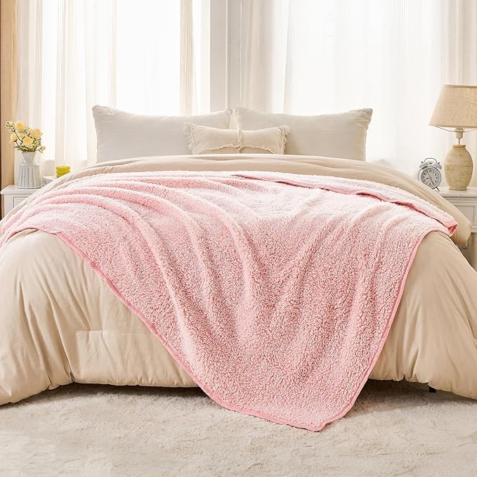 EMME Fuzzy Blanket Soft Fleece Throw Blankets for Women, Fluffy Sherpa Throws(Plush Pink,90"x90")