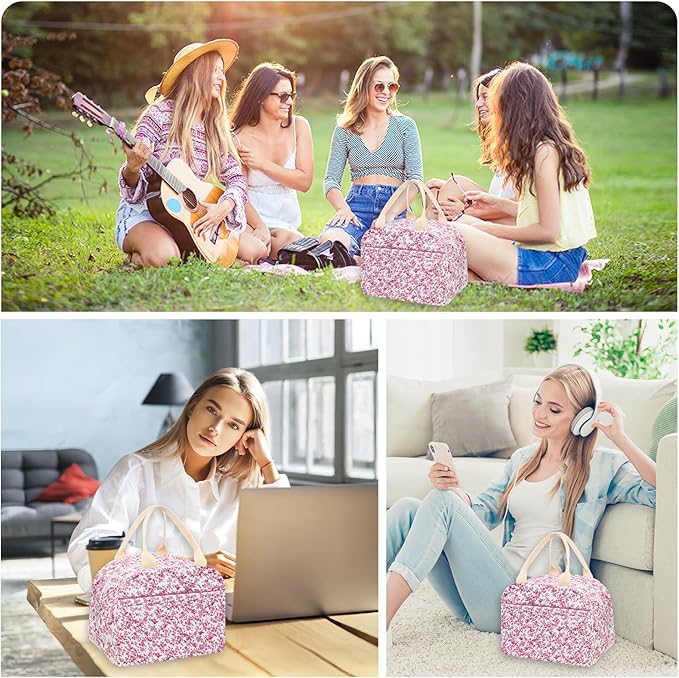 Cotton Quilted Insulated Lunch Bag, Cute Quilted Floral Lunch Tote Bags Reusable Insulated Lunch Box Coquette Aesthetic Large Capacity Insulated Cooler for Women Work Travel Picnic (Red)