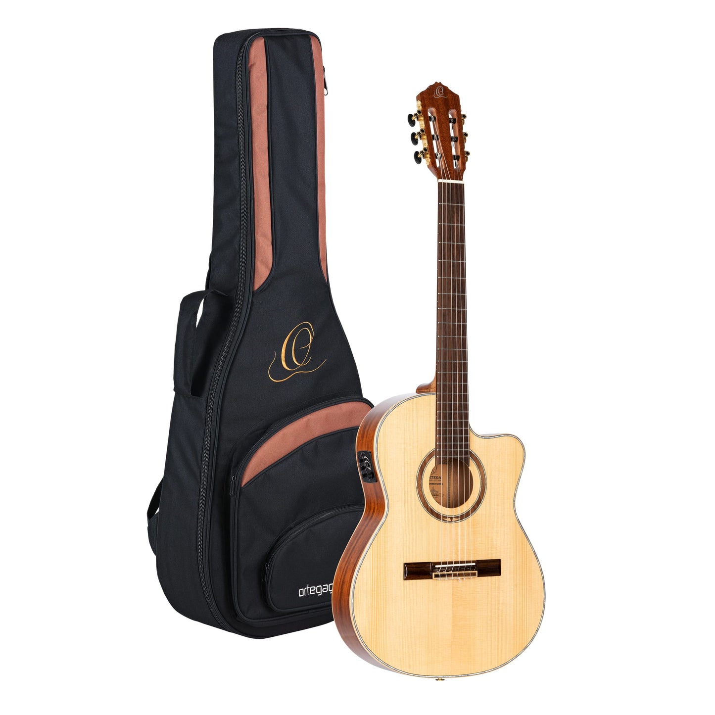 Ortega Guitars 6 String Performer Series Solid Top Thinline Crossover Acoustic-Electric Nylon Classical Guitar W/Bag, Right (Rce