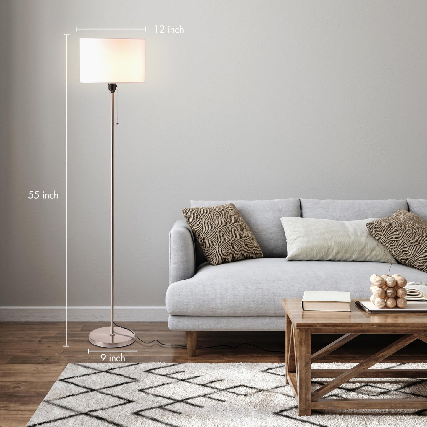 OBright Drum Shade Standing Lamp, Pull Chain Switch, E26 Socket, Modern Minimalist, Brushed Nickel, Model OB-FL19S