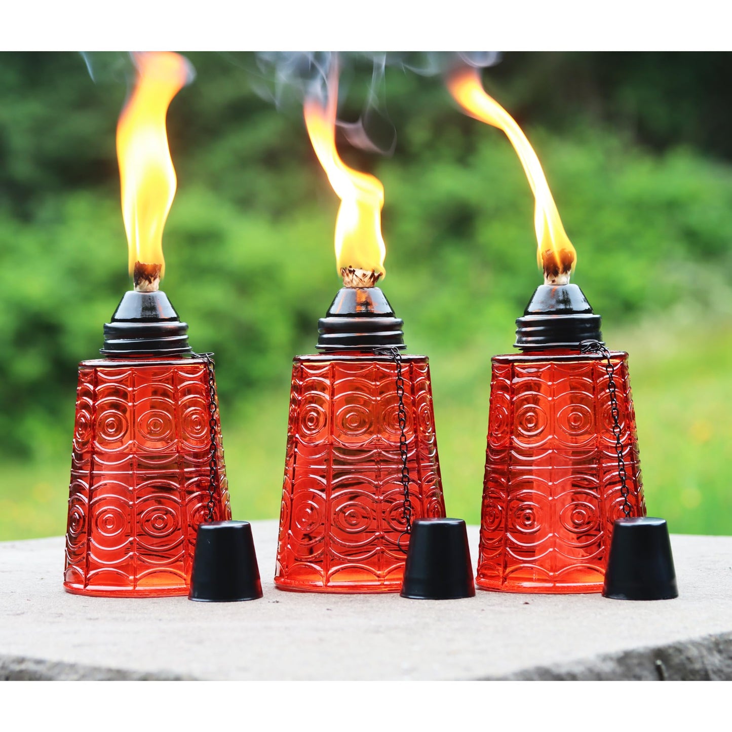 Seraphic Citronella Table Top Torches, 16oz Glass Candles, Set of 3, Red, Outdoor Patio, Mosquito Repellent