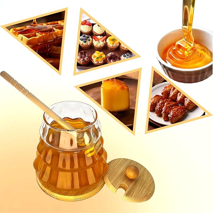 2Pcs Glass Honey Jar Set with Wooden Dipper ，12 OZ Honey Pot for Kitchen, Coffee Bar Decor, Home Organization, Gift for Her，Drizzle Control Design Honey Dispenser Jar for Jam, Jelly, Syrup