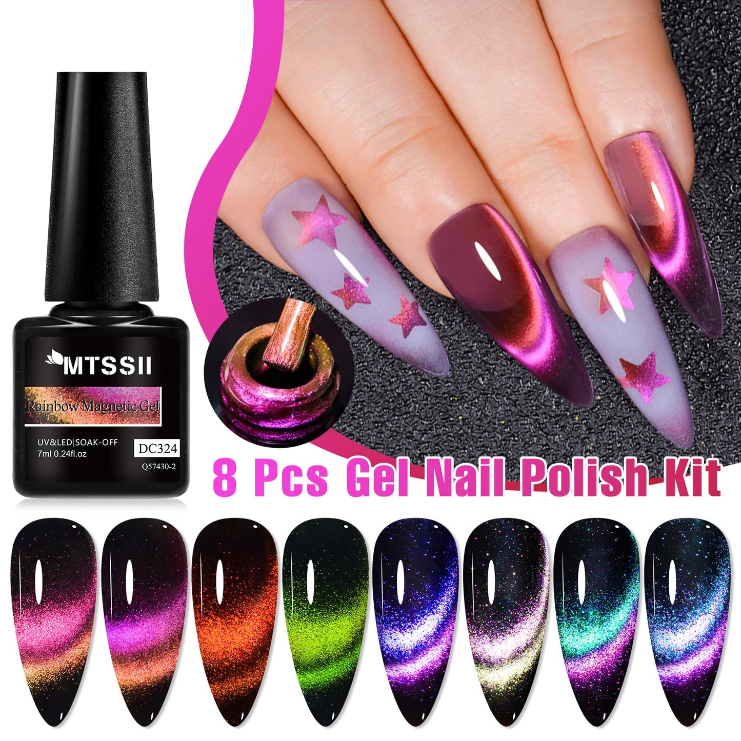 MTSSII Cat Eye Gel Nail Polish Set, 8 Colors, UV/LED Soak Off, Galaxy Glitter Collection (Set-6, 8pcs)