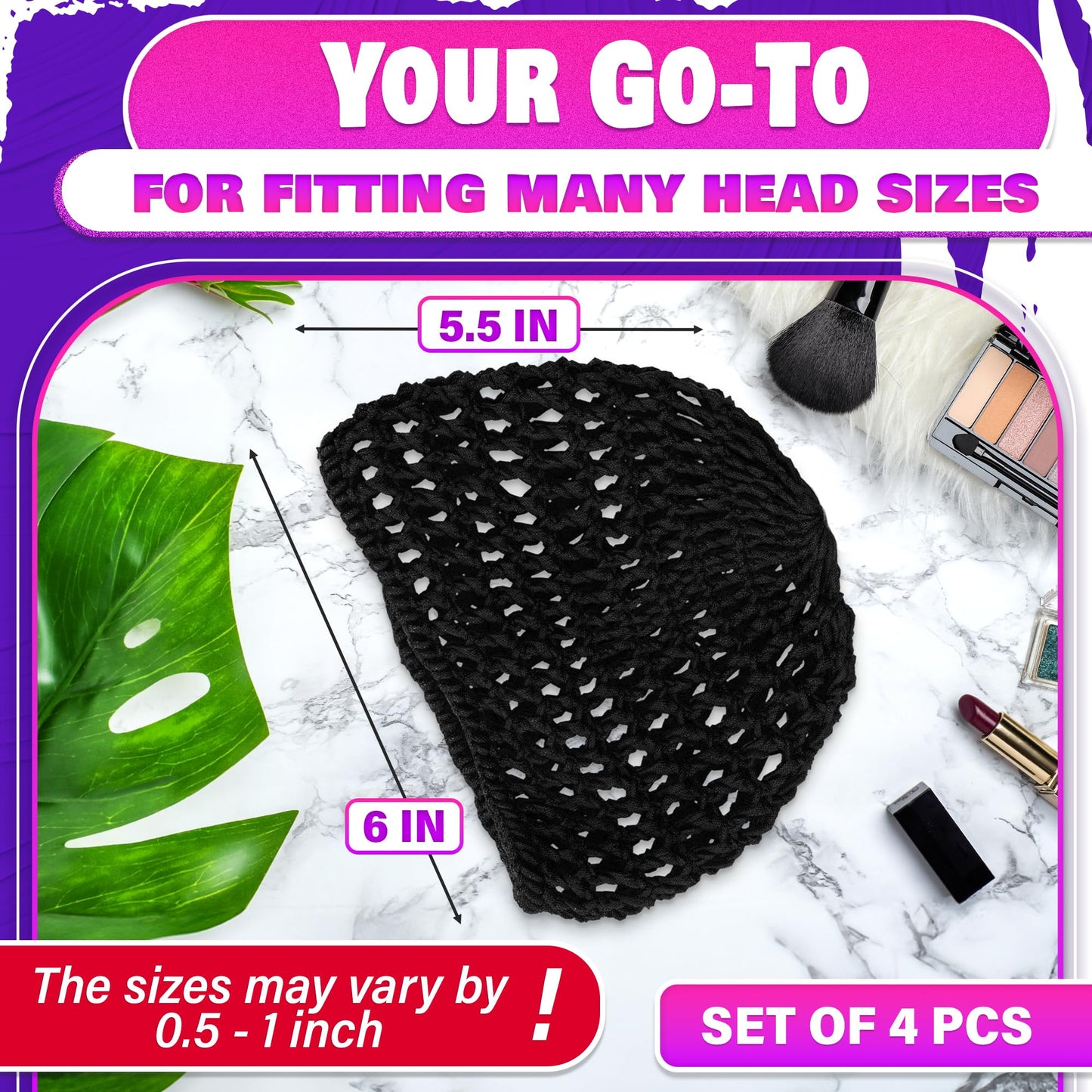4 Pcs Black Hair Net for Women – 5.5 x 7" Soft, Lightweight Viscose Hair Nets for Sleeping – Stretchable, Breathable, Comfortable for Extended Wear, Size May Vary by 0.5–1" – Gentle for Daily Use