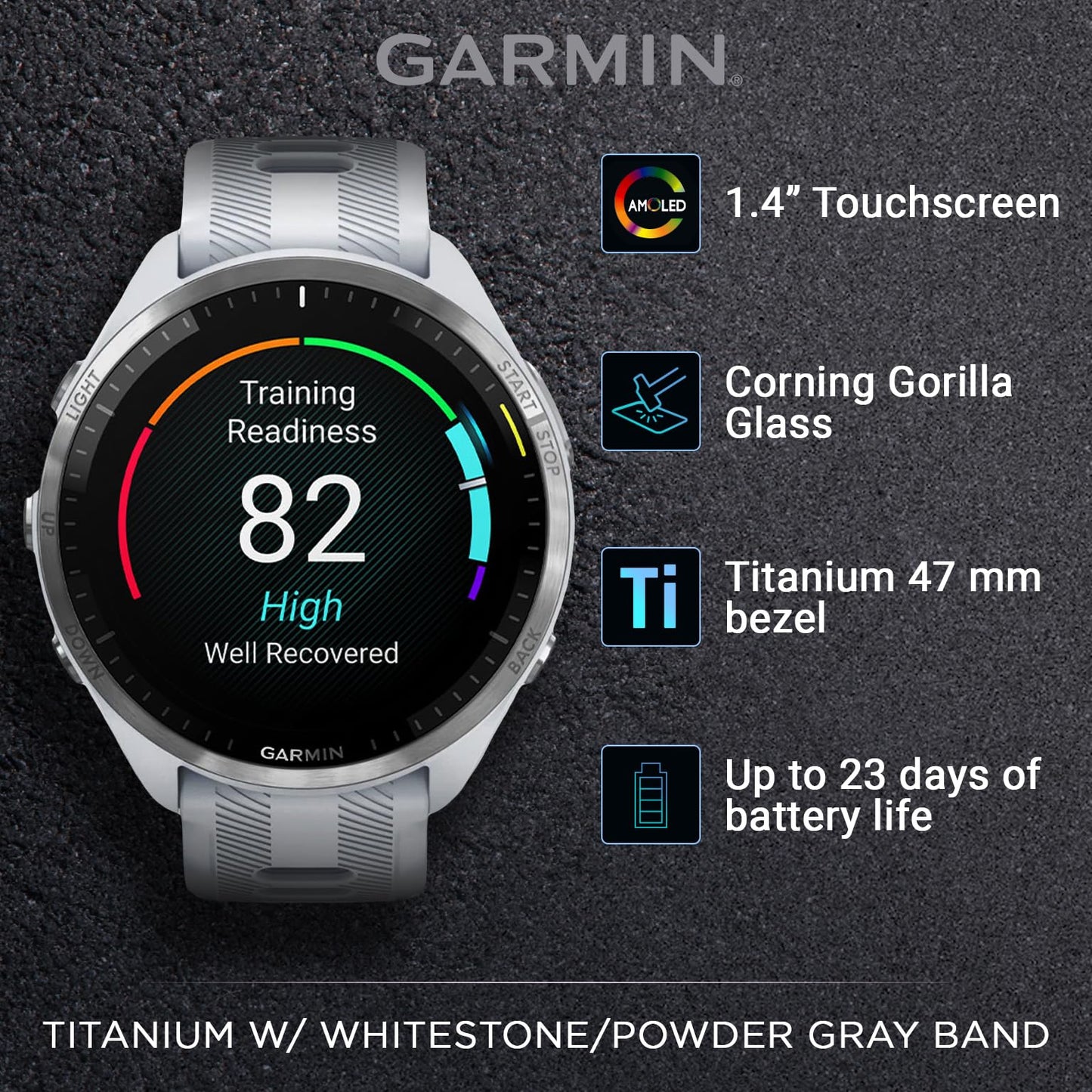 Wearable4U - Garmin Forerunner 965 Premium GPS Running and Triathlon 47mm Smartwatch with AMOLED Touchscreen Display, Titanium Bezel with Whitestone Silicone Band with E-Bank Bundle